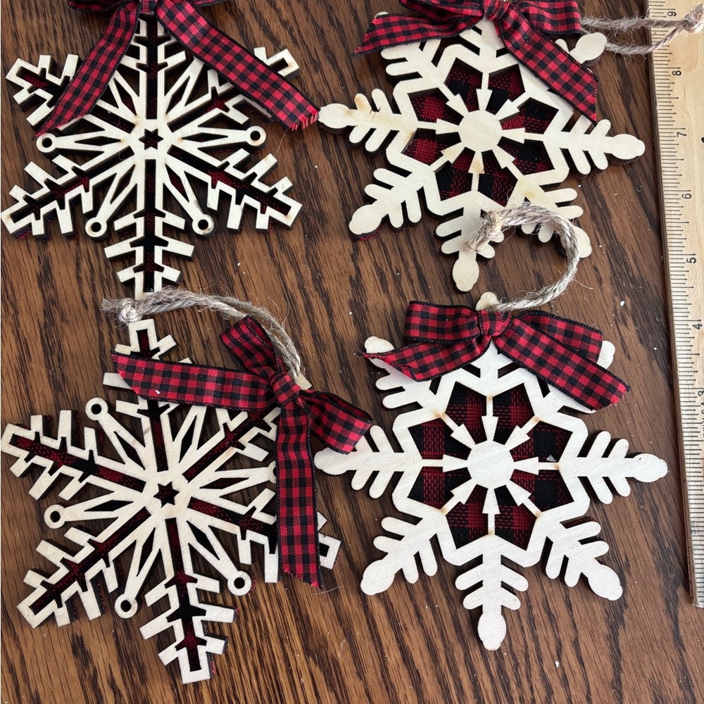 Wooden Snowflake Ornaments with Red Bows
